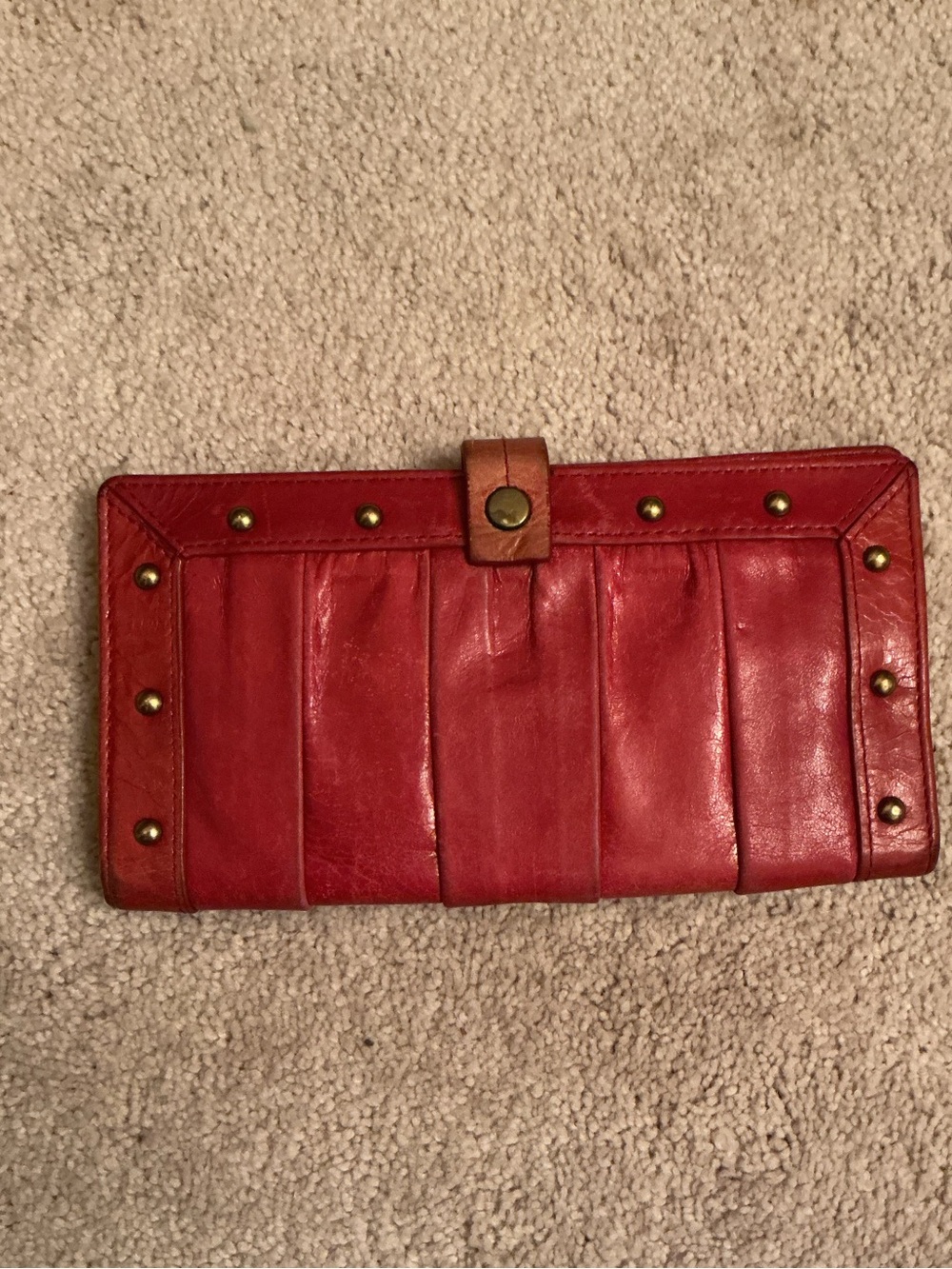 Vintage Red Leather Stud Trim Wallet
